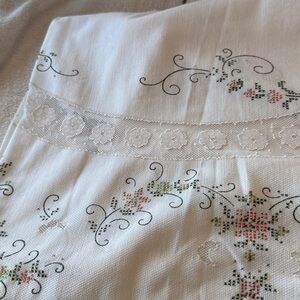 Vintage white embroidered tablecloth green/orange floral cross-stitch
